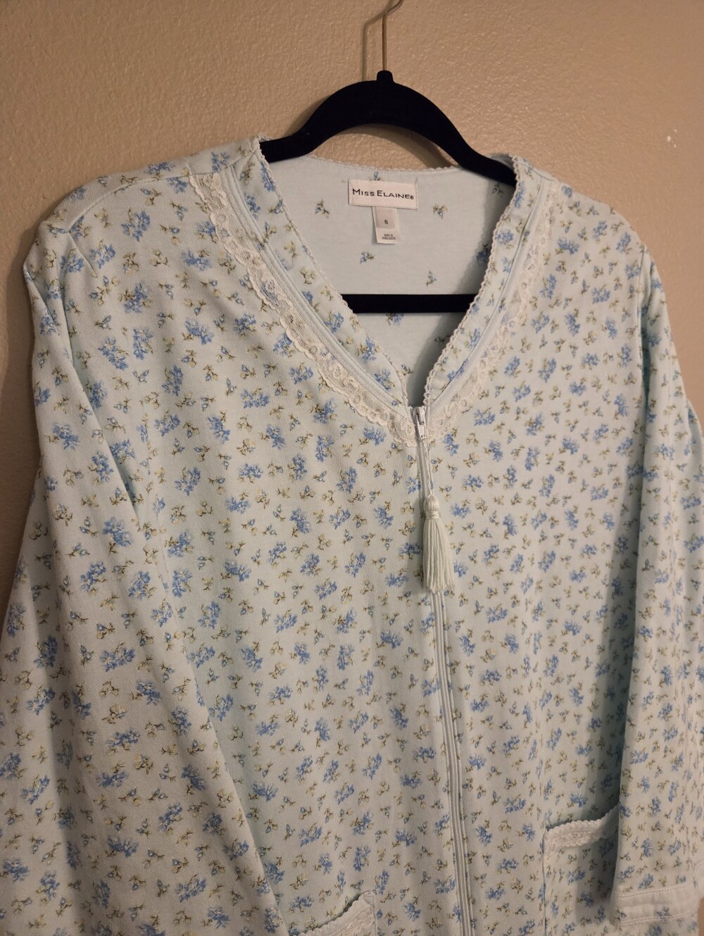 MISS ELAINE Blue Ditsy Flower Full Zip Long Sleeve House Coat Duster Robe Size S - Picture 2 of 12